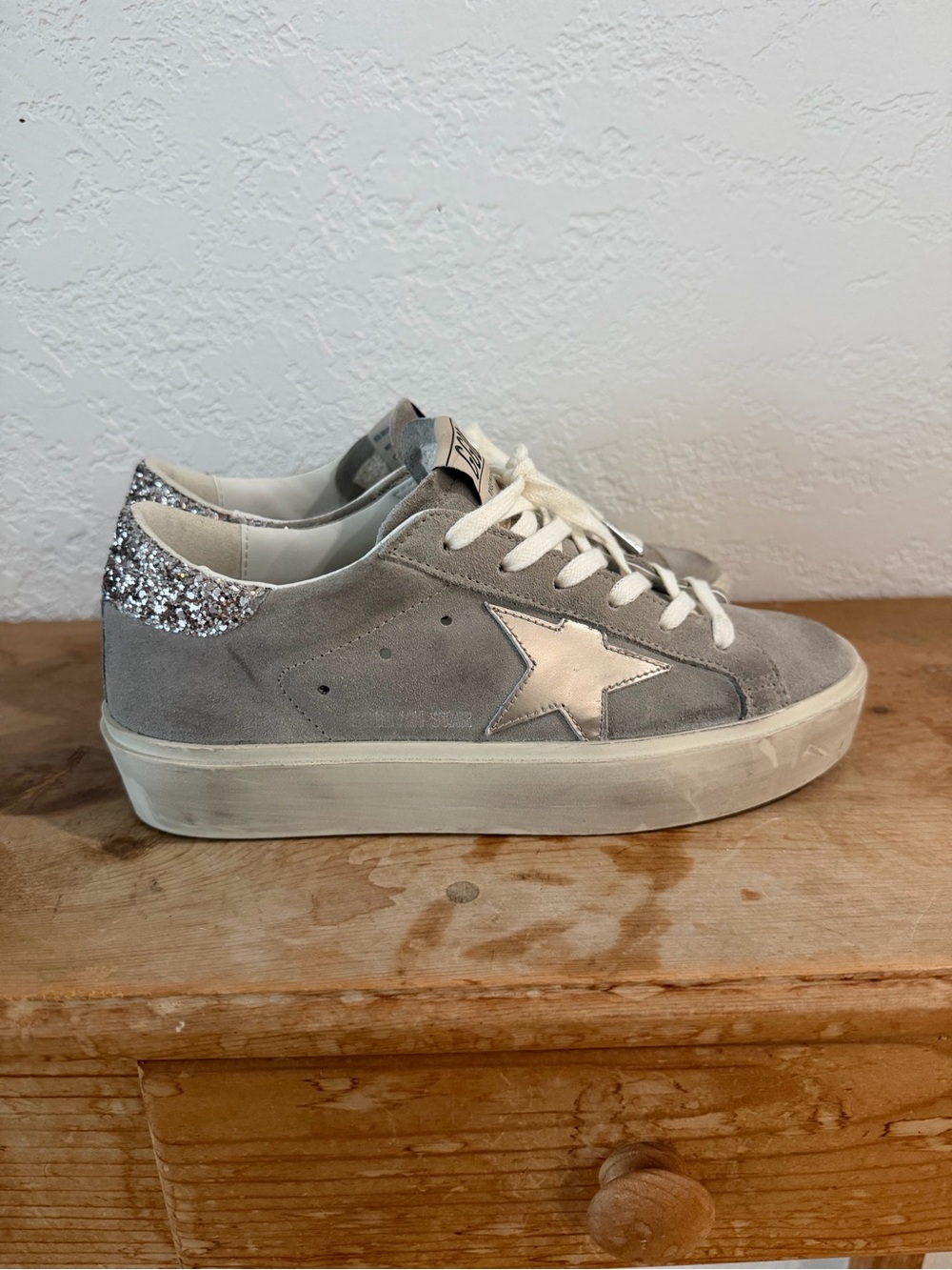 Golden Goose-Inspired Women's Gray Suede Star Sneaker with Silver Glitter Heel